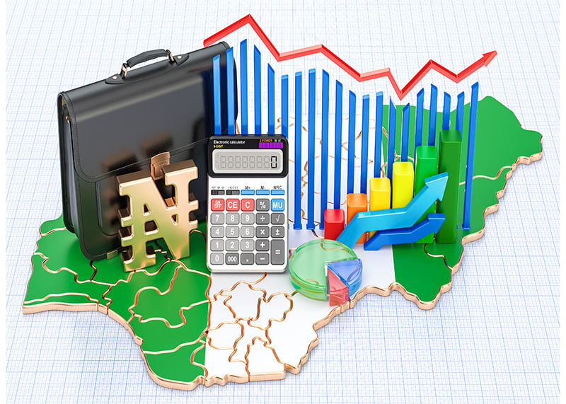 Map of Nigeria plus bag, calculator Naira sign and graph